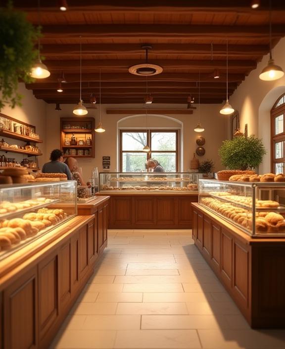 The warm and inviting interior of Silk Road Pastries, with wooden counters and displays of bread.