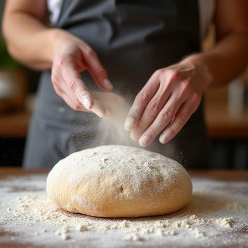 A baker dusting flour over a freshly shaped loaf of bread.