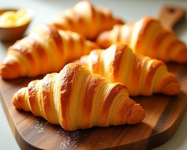 Flaky, golden croissants arranged on a serving board.