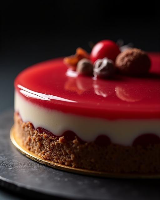 A glossy, modern entremet cake with intricate decorations.