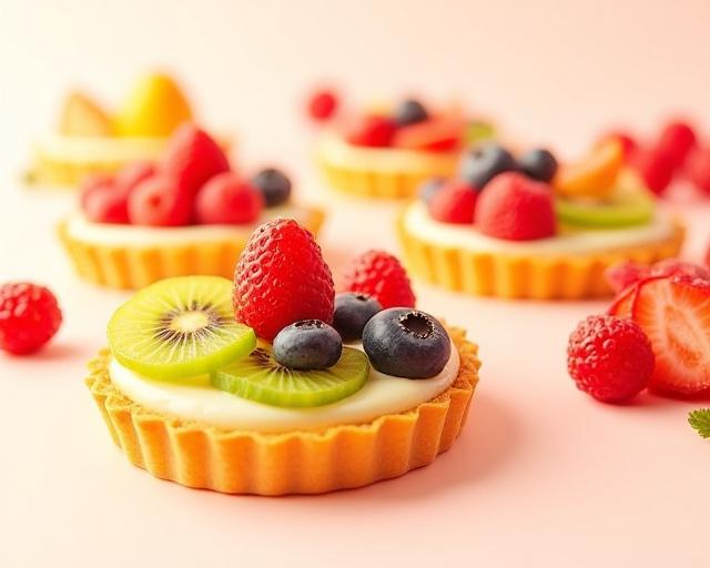 A vibrant assortment of individual fruit tarts.