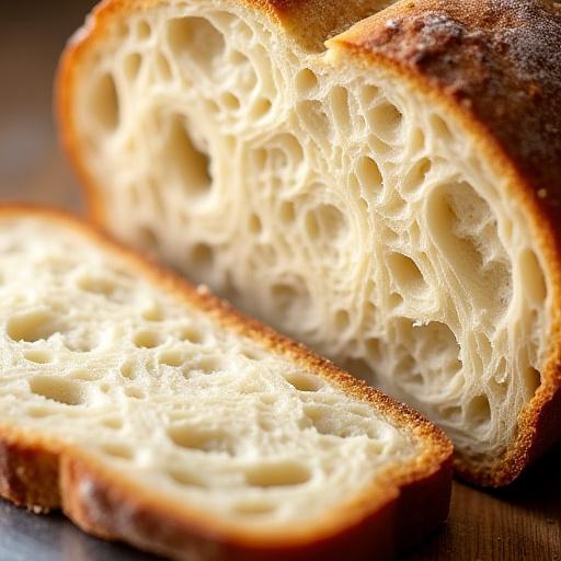 A close-up shot of the open, airy crumb structure of a sourdough loaf.
