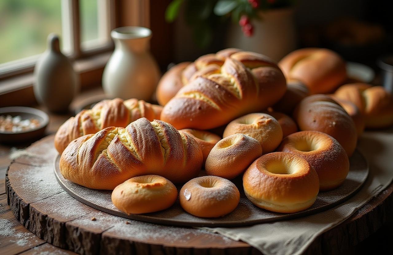 Artistic display of various artisan pastries and breads on a rustic wooden table.