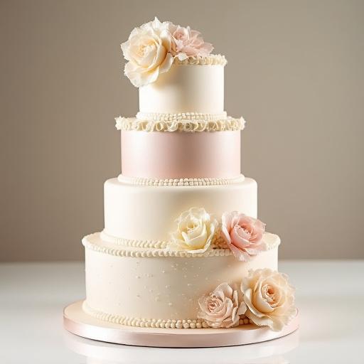 A beautifully decorated multi-tiered wedding cake.